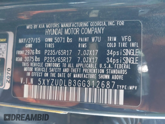 2016 Hyundai Santa Fe z VIN 5XYZUDLB3GG312687, wystawiony jako IAAI lot #42096854 z przebiegiem 162 586 mil mil oraz . Historia ofert i sprzedaży dostępna na DreamBid. Obrazek 9.