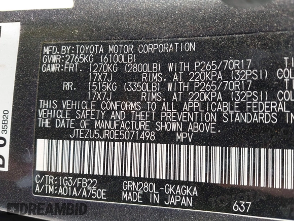 2014 Toyota 4Runner SR5 z VIN JTEZU5JR0E5071498, wystawiony jako IAAI lot #42050372 z przebiegiem 109 448 mil mil oraz . Historia ofert i sprzedaży dostępna na DreamBid. Obrazek 9.
