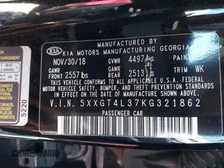 2019 Kia Optima LX with VIN 5XXGT4L37KG321862, listed as a IAAI auction lot 41744721 with 105,875 mi miles. Bid and sale history available at carsss.com. Image 9.