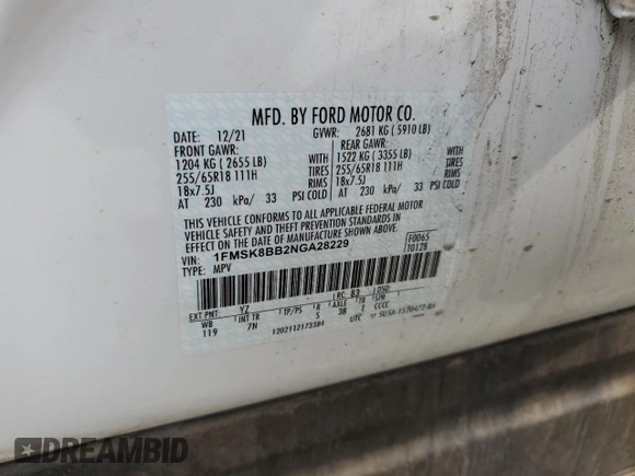 2022 Ford Explorer z VIN 1FMSK8BB2NGA28229, wystawiony jako Copart lot #49720615 z przebiegiem 13 450 mil mil oraz Nie do naprawy • Non repairable. Historia ofert i sprzedaży dostępna na DreamBid. Obrazek 13.