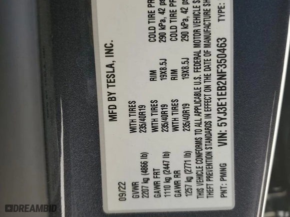 2022 Tesla Model 3 Long Range with VIN 5YJ3E1EB2NF350463, listed as a Copart auction lot 47933085 with 9,527 mi miles and Salvage Title. Bid and sale history available at carsss.com. Image 12.