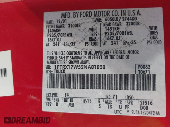 2002 Ford F-150 XL with VIN 1FTRX17W52NA81828, listed as a IAAI auction lot 41450811 with 201,948 mi miles. Bid and sale history available at carsss.com. Image 9.