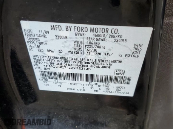 2010 Ford Escape Limited with VIN 1FMCU9E71AKB22136, listed as a Copart auction lot 61512564 with Not provided miles and Clean title. Bid and sale history available at DreamBid. Image 12.