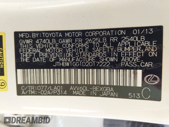 2013 Lexus ES 300h with VIN JTHBW1GG1D2017222, listed as a IAAI auction lot 42454502 with 168,320 mi miles and . Bid and sale history available at DreamBid. Image 9.