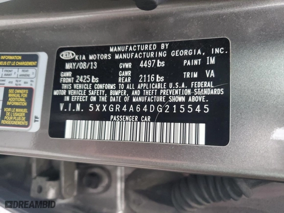 2013 Kia Optima SX w/Limited Pkg with VIN 5XXGR4A64DG215545, listed as a Copart auction lot 50020945 with 146,049 mi miles and Clean Title. Bid and sale history available at carsss.com. Image 12.