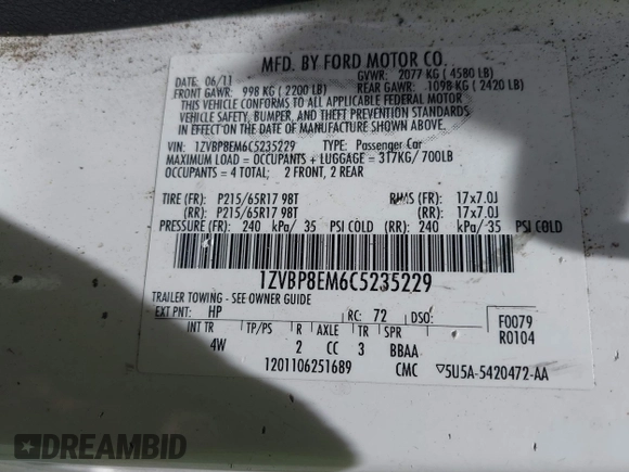 2012 Ford Mustang V6 с VIN 1ZVBP8EM6C5235229, выставлен на аукционе IAAI как лот 42454424 с пробегом 188 763 миль миль и . История ставок и продаж доступна на DreamBid. Изображение 9.