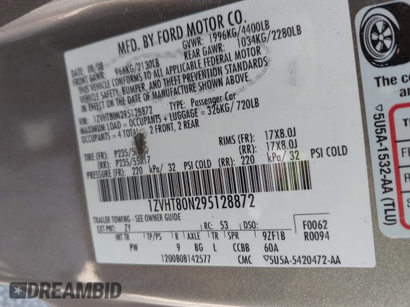 2009 Ford Mustang with VIN 1ZVHT80N295128872, listed as a IAAI auction lot 42221830 with 112,294 mi miles and . Bid and sale history available at DreamBid. Image 9.