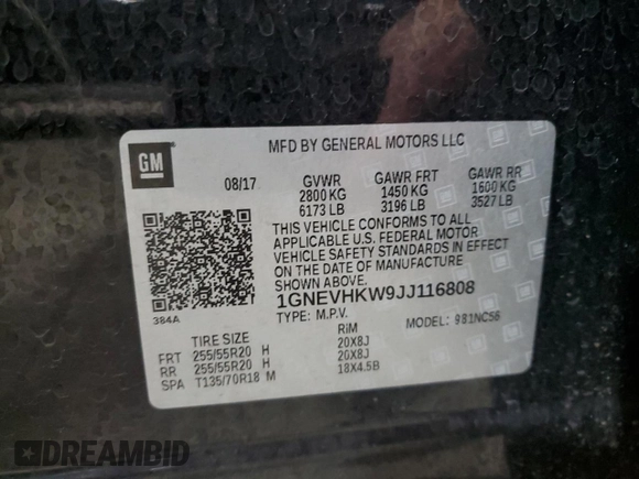 2018 Chevrolet Traverse LT Leather with VIN 1GNEVHKW9JJ116808, listed as a Copart auction lot 85005504 with 33,072 mi miles and Salvage Title. Bid and sale history available at carsss.com. Image 15.