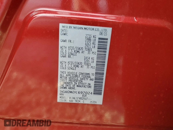 2015 Nissan Pathfinder Platinum with VIN 5N1AR2MN2FC697024, listed as a Copart auction lot 61791855 with 93,366 mi miles and Salvage title. Bid and sale history available at DreamBid. Image 13.