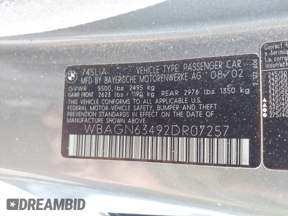 2002 BMW 7 Series 745Li с VIN WBAGN63492DR07257, выставлен на аукционе IAAI как лот 42110565 с пробегом Не указан миль и . История ставок и продаж доступна на DreamBid. Изображение 9.