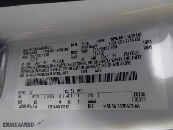2017 Ford Escape SE with VIN 1FMCU0GD5HUC00303, listed as a IAAI auction lot 41520976 with 111,514 mi miles. Bid and sale history available at carsss.com. Image 9.