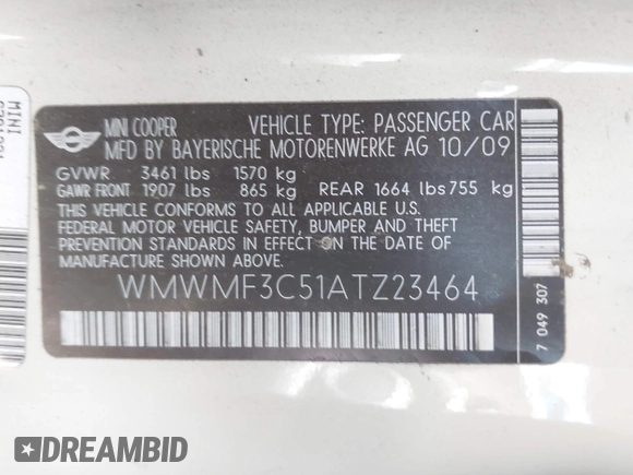 2010 MINI Hardtop with VIN WMWMF3C51ATZ23464, listed as a IAAI auction lot 42710259 with 124,660 mi miles and . Bid and sale history available at DreamBid. Image 9.
