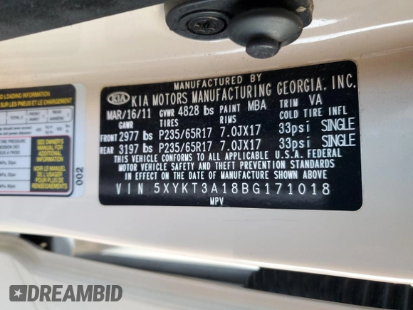 2011 Kia Sorento LX with VIN 5XYKT3A18BG171018, listed as a Copart auction lot 47173085 with 155,253 mi miles and Clean Title. Bid and sale history available at DreamBid. Image 14.
