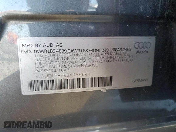 2008 Audi A4 2.0T с VIN WAUDF78E98A155691, выставлен на аукционе Copart как лот 55173925 с пробегом 138 304 миль миль и Списание • Salvage title. История ставок и продаж доступна на DreamBid. Изображение 12.
