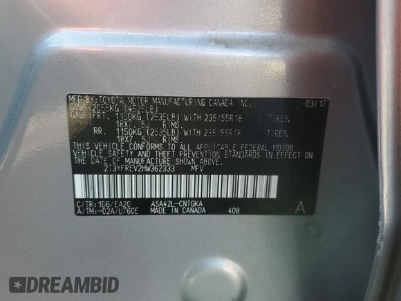 2017 Toyota RAV4 Limited with VIN 2T3YFREV2HW362333, listed as a Copart auction lot 46658205 with 58,066 mi miles and Salvage Title. Bid and sale history available at carsss.com. Image 13.