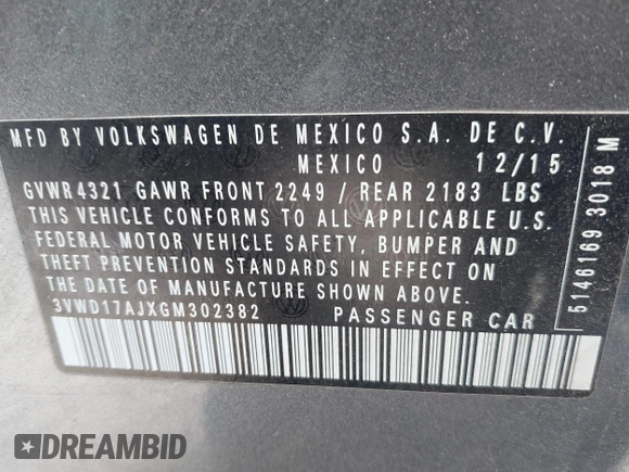 2016 Volkswagen Jetta Sport z VIN 3VWD17AJXGM302382, wystawiony jako IAAI lot #41441854 z przebiegiem 131 569 mil mil oraz . Historia ofert i sprzedaży dostępna na DreamBid. Obrazek 9.