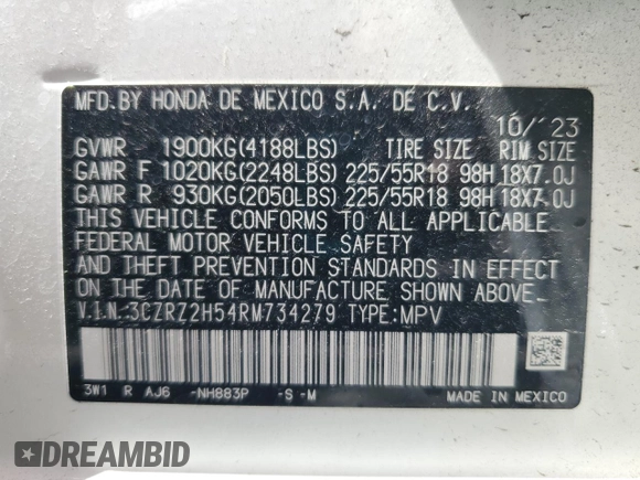 2024 Honda HR-V Sport with VIN 3CZRZ2H54RM734279, listed as a Copart auction lot 57991175 with 18,705 mi miles and Salvage title. Bid and sale history available at DreamBid. Image 13.