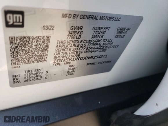 2022 Chevrolet Suburban Z71 with VIN 1GNSKDKDXNR254271, listed as a Copart auction lot 62811314 with Not Provided miles and Salvage Title. Bid and sale history available at DreamBid. Image 14.