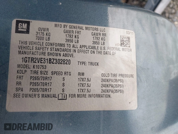 2011 GMC Sierra 1500 with VIN 1GTR2VE31BZ302820, listed as a IAAI auction lot 41320623 with 207,772 mi miles and . Bid and sale history available at DreamBid. Image 9.