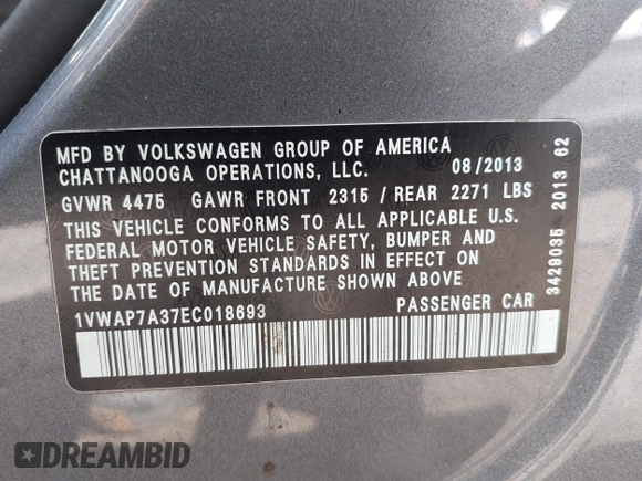 2014 Volkswagen Passat S with VIN 1VWAP7A37EC018693, listed as a IAAI auction lot 42463719 with 143,105 mi miles and . Bid and sale history available at DreamBid. Image 9.