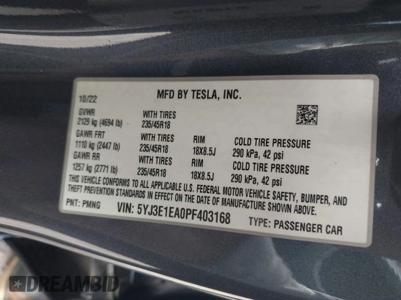 2023 Tesla Model 3 z VIN 5YJ3E1EA0PF403168, wystawiony jako IAAI lot #42002584 z przebiegiem 35 875 mil mil oraz . Historia ofert i sprzedaży dostępna na DreamBid. Obrazek 9.
