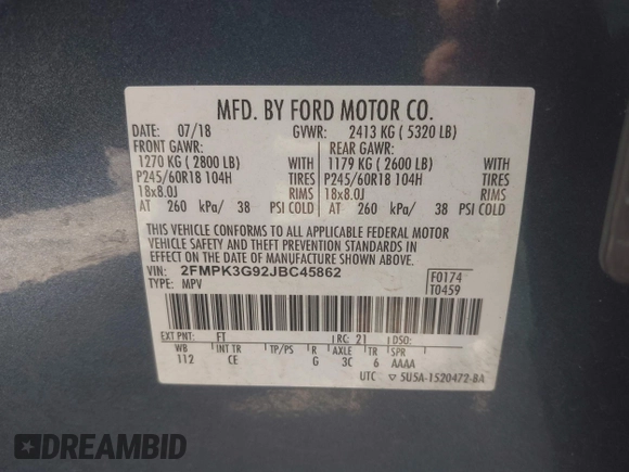 2018 Ford Edge SE with VIN 2FMPK3G92JBC45862, listed as a IAAI auction lot 42549942 with 160,037 mi miles and . Bid and sale history available at DreamBid. Image 9.