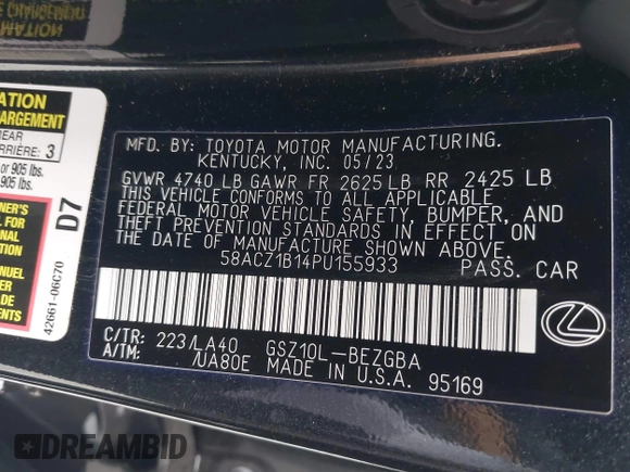2023 Lexus ES 350 with VIN 58ACZ1B14PU155933, listed as a IAAI auction lot 42044291 with 13,436 mi miles and . Bid and sale history available at DreamBid. Image 9.