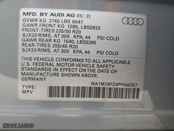 2023 Audi Q4 e-tron Prestige with VIN WA1M2BFZ4PP046357, listed as a Copart auction lot 66004024 with 8,370 mi miles and Salvage Title. Bid and sale history available at carsss.com. Image 13.