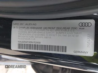 2013 Audi A6 Premium Plus with VIN WAUDFAFC6DN152930, listed as a IAAI auction lot 41186245 with 121,967 mi miles and . Bid and sale history available at DreamBid. Image 9.