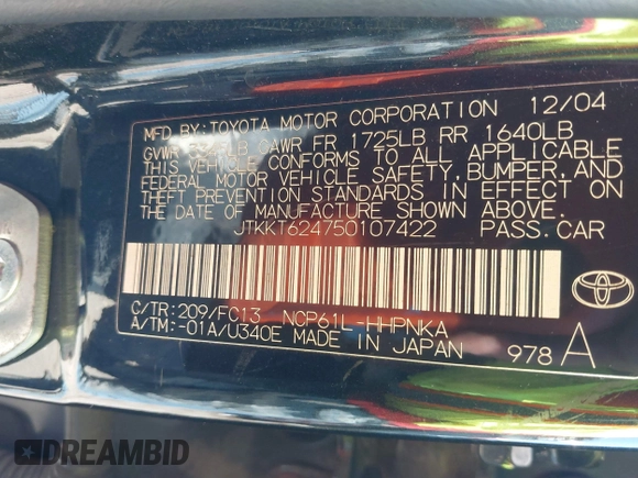 2005 Scion xA z VIN JTKKT624750107422, wystawiony jako IAAI lot #41857139 z przebiegiem 132 746 mil mil oraz . Historia ofert i sprzedaży dostępna na DreamBid. Obrazek 9.