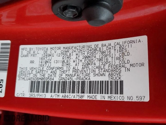 2011 Toyota Tacoma with VIN 3TMLU4EN3BM069584, listed as a Copart auction lot 86679224 with 108,430 mi miles and Salvage Title. Bid and sale history available at carsss.com. Image 13.