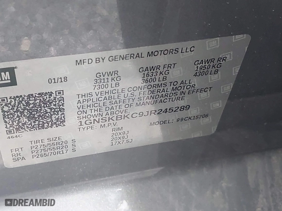 2018 Chevrolet Tahoe LT with VIN 1GNSKBKC9JR245289, listed as a IAAI auction lot 41617113 with 1 mi miles. Bid and sale history available at carsss.com. Image 9.