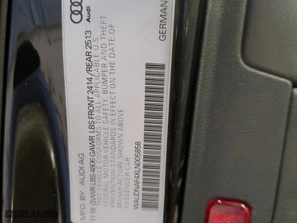 2020 Audi A4 Sedan Premium with VIN WAUDNAF4XLN005858, listed as a Copart auction lot 51468305 with 65,167 mi miles and Salvage Title. Bid and sale history available at carsss.com. Image 12.