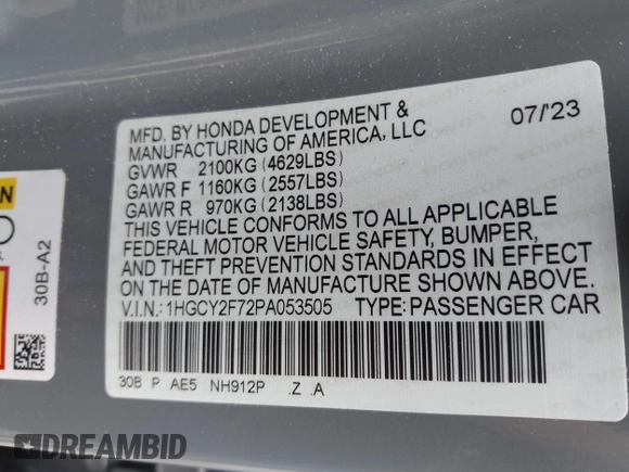 2023 Honda Accord Sport-L with VIN 1HGCY2F72PA053505, listed as a IAAI auction lot 42603967 with 38,944 mi miles and . Bid and sale history available at DreamBid. Image 9.