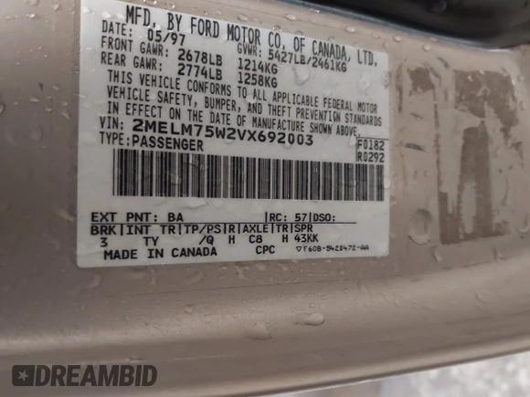 1997 Mercury Grand Marquis LS with VIN 2MELM75W2VX692003, listed as a IAAI auction lot 41547614 with 148,499 mi miles and . Bid and sale history available at DreamBid. Image 9.