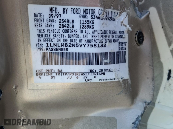 1997 Lincoln Town Car Signature z VIN 1LNLM82W5VY758132, wystawiony jako Copart lot #42643405 z przebiegiem Nie podano mil oraz Szkoda całkowita • Salvage title. Historia ofert i sprzedaży dostępna na DreamBid. Obrazek 12.