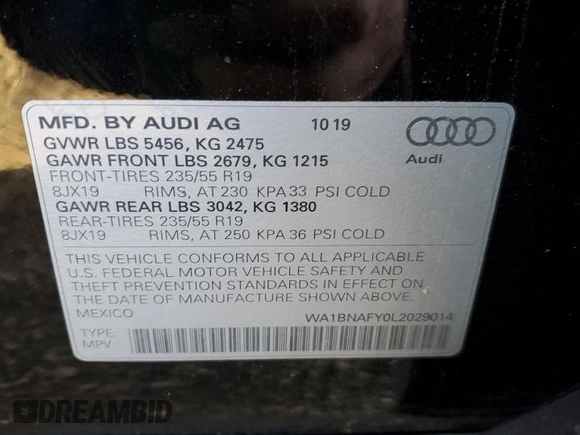 2020 Audi Q5 Premium Plus with VIN WA1BNAFY0L2029014, listed as a Copart auction lot 65939012 with 31,890 mi miles. Bid and sale history available at carsss.com. Image 10.