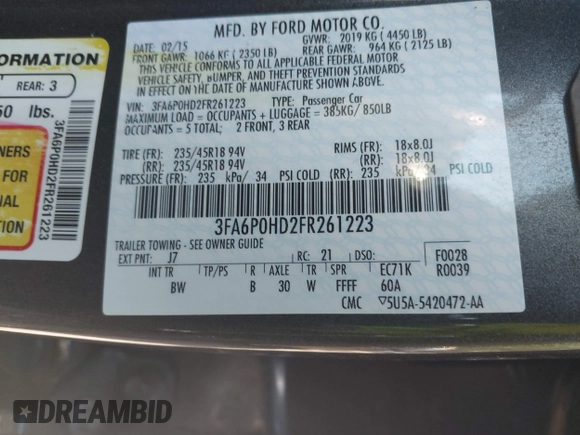 2015 Ford Fusion SE with VIN 3FA6P0HD2FR261223, listed as a IAAI auction lot 42109893 with 74,965 mi miles. Bid and sale history available at carsss.com. Image 9.