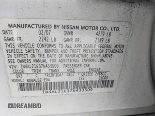 2007 Nissan Altima 2.5 with VIN 1N4AL21E37N433509, listed as a IAAI auction lot 41606909 with 91,571 mi miles. Bid and sale history available at carsss.com. Image 9.