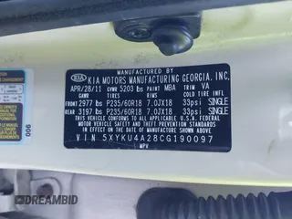 2012 Kia Sorento EX with VIN 5XYKU4A28CG190097, listed as a IAAI auction lot 41457866 with 173,181 mi miles. Bid and sale history available at carsss.com. Image 9.