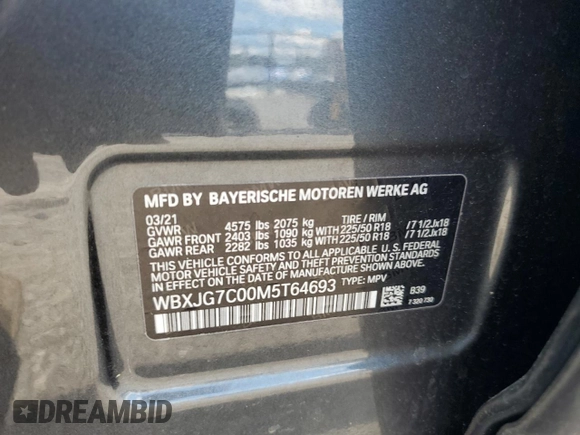 2021 BMW X1 sDrive28i z VIN WBXJG7C00M5T64693, wystawiony jako Copart lot #54013925 z przebiegiem 26 075 mil mil oraz Szkody całkowita. Historia ofert i sprzedaży dostępna na DreamBid. Obrazek 12.