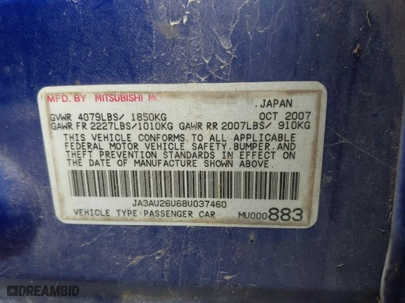 2008 Mitsubishi Lancer DE with VIN JA3AU26U68U037460, listed as a IAAI auction lot 41979573 with 220,238 mi miles. Bid and sale history available at carsss.com. Image 9.