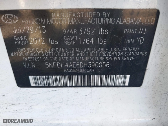 2013 Hyundai Elantra GLS with VIN 5NPDH4AE6DH390056, listed as a IAAI auction lot 41658021 with 1 mi miles. Bid and sale history available at carsss.com. Image 9.