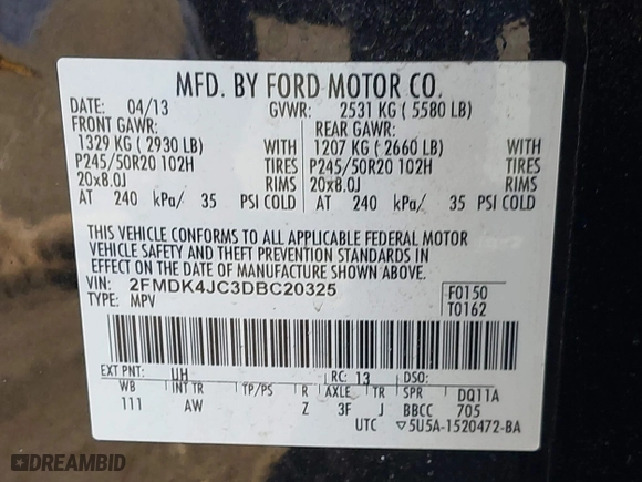 2013 Ford Edge SEL with VIN 2FMDK4JC3DBC20325, listed as a IAAI auction lot 42056079 with 154,103 mi miles. Bid and sale history available at carsss.com. Image 9.