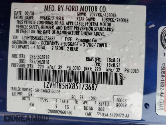 2008 Ford Mustang GT Deluxe with VIN 1ZVHT85HX85173687, listed as a Copart auction lot 43160095 with Not Provided miles and Salvage Title. Bid and sale history available at DreamBid. Image 15.