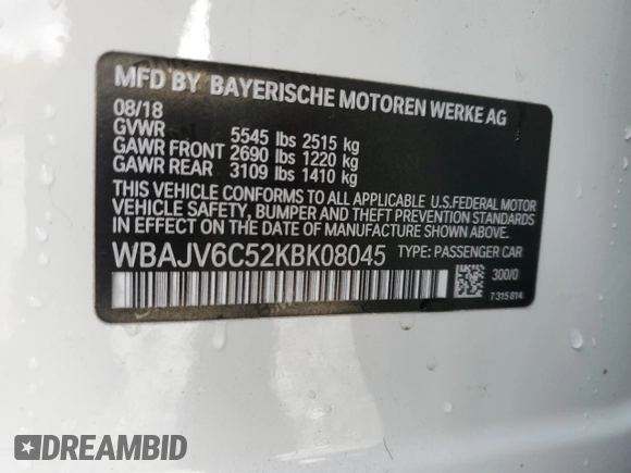 2019 BMW 6 Series 640i xDrive with VIN WBAJV6C52KBK08045, listed as a Copart auction lot 76004384 with 56,730 mi miles and Salvage Title. Bid and sale history available at carsss.com. Image 12.