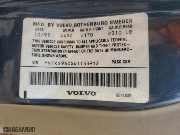 1998 Volvo S90 with VIN YV1KS960XW1133912, listed as a Copart auction lot 42601775 with 154,032 mi miles and Salvage Title. Bid and sale history available at carsss.com. Image 14.