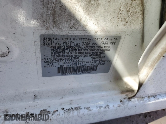 2021 Nissan Versa S with VIN 3N1CN8DV1ML923683, listed as a Copart auction lot 46352195 with 68,026 mi miles and Salvage Title. Bid and sale history available at carsss.com. Image 13.