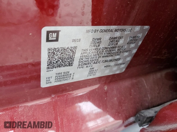 2018 Chevrolet Tahoe LS with VIN 1GNSCAEC7JR362503, listed as a Copart auction lot 62285975 with 15,825 mi miles and Salvage title. Bid and sale history available at DreamBid. Image 13.