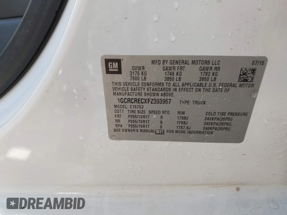 2015 Chevrolet Silverado 1500 LT with VIN 1GCRCRECXFZ393967, listed as a IAAI auction lot 41435914 with 136,697 mi miles. Bid and sale history available at carsss.com. Image 9.